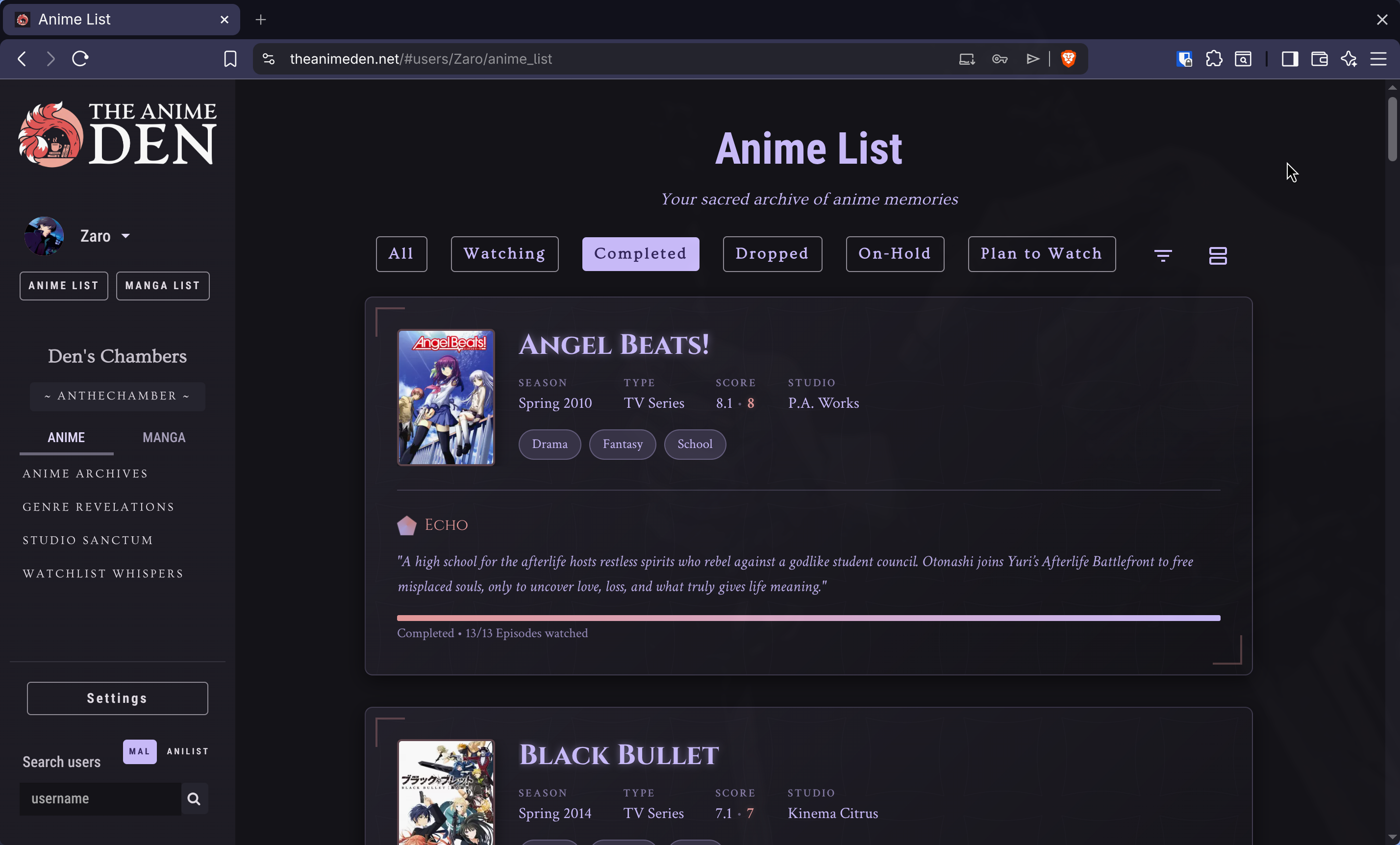 Anime List Interface